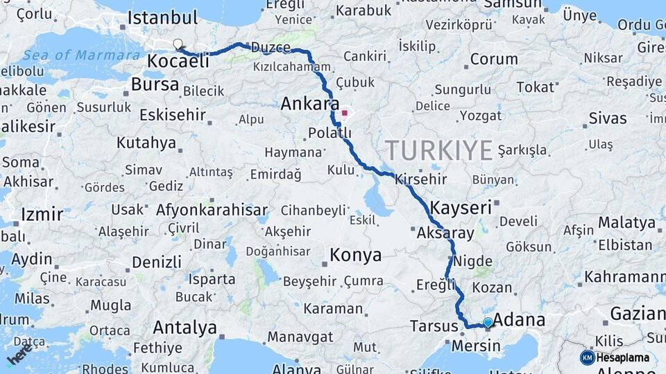 Adana İzmit Kocaeli Arası Kaç Km - Yol Haritası