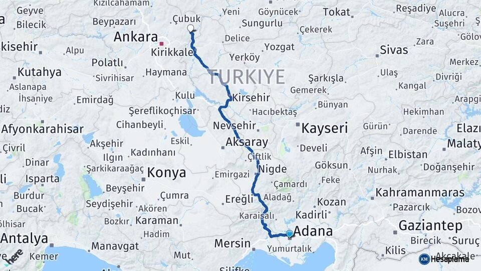 Adana Kalecik Ankara Arası Kaç Km - Yol Haritası