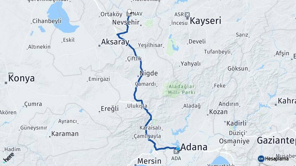 Adana Kapadokya Havalimanı Arası Kaç Km - Yol Haritası