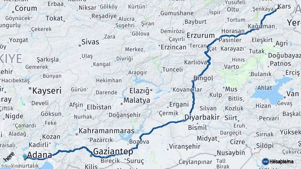 Adana Kars Arası Kaç Km - Yol Haritası