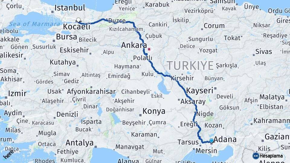 Adana Kartepe Kocaeli Arası Kaç Km - Yol Haritası