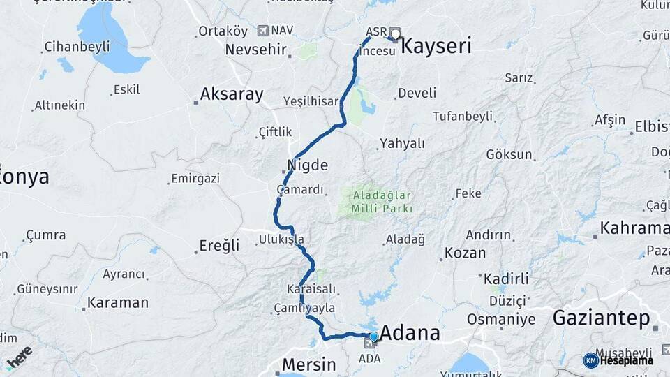 Adana Kayseri Arası Kaç Km - Yol Haritası