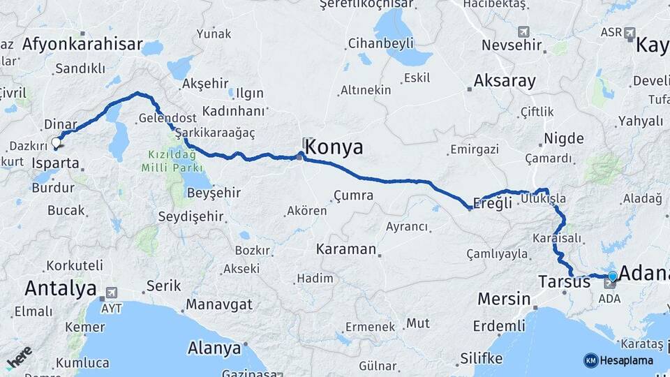 Adana Keçiborlu Isparta Arası Kaç Km - Yol Haritası