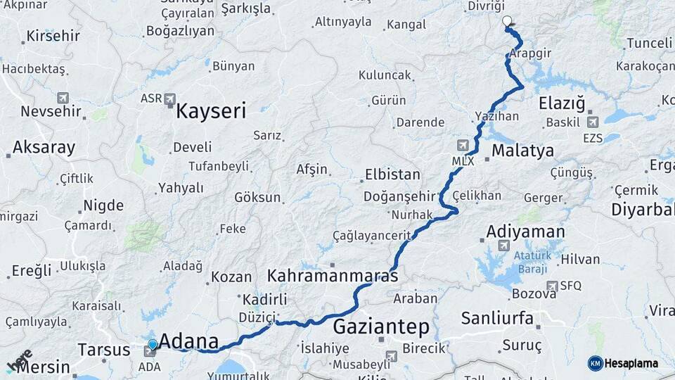 Adana Kemaliye Erzincan Arası Kaç Km - Yol Haritası