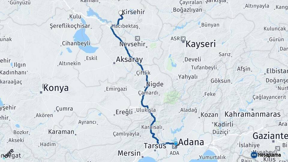 Adana Kırşehir Arası Kaç Km - Yol Haritası