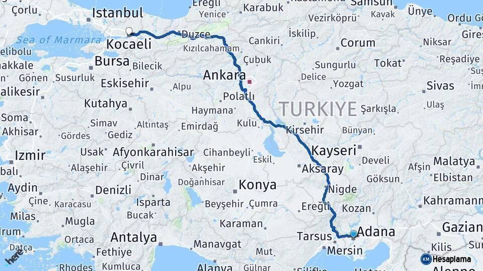 Adana Kocaeli Arası Kaç Km - Yol Haritası