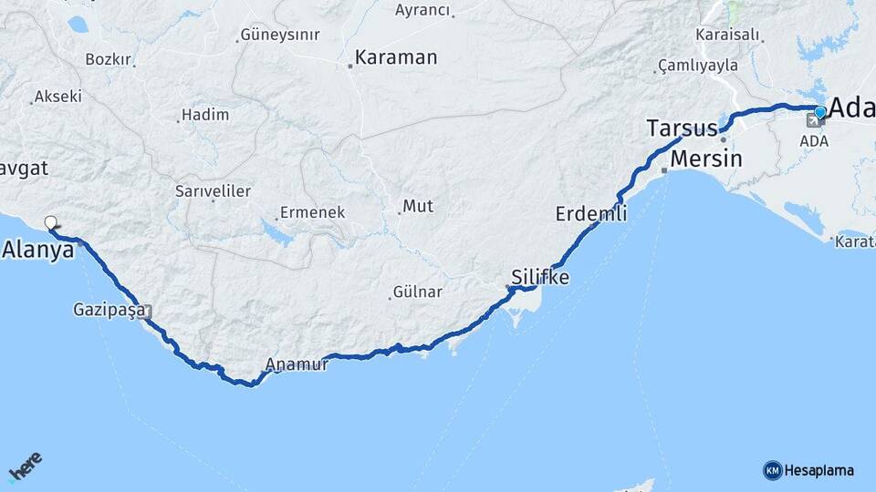 Adana Konaklı Alanya Antalya Arası Kaç Km - Yol Haritası