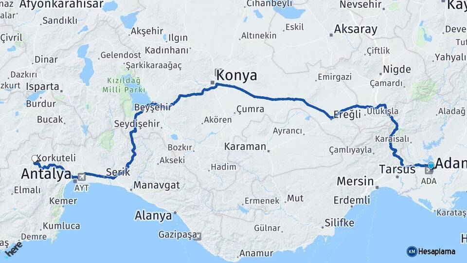 Adana Korkuteli Antalya Arası Kaç Km - Yol Haritası