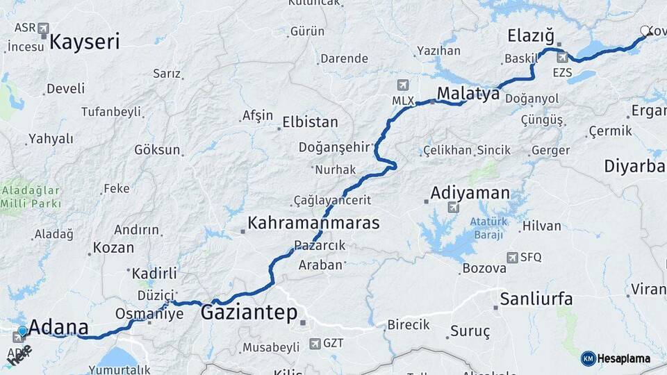 Adana Kovancılar Elazığ Arası Kaç Km - Yol Haritası