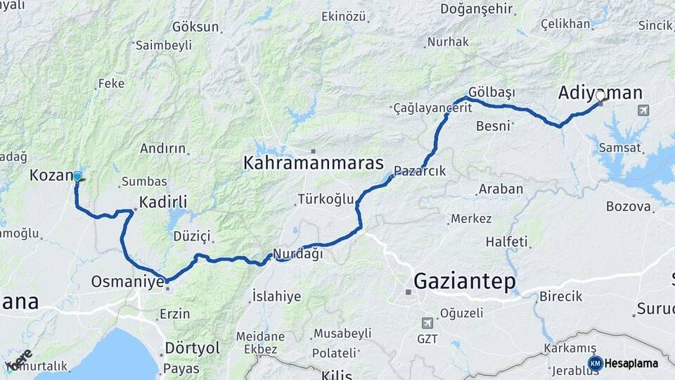 Adana Kozan Adıyaman Arası Kaç Km - Yol Haritası