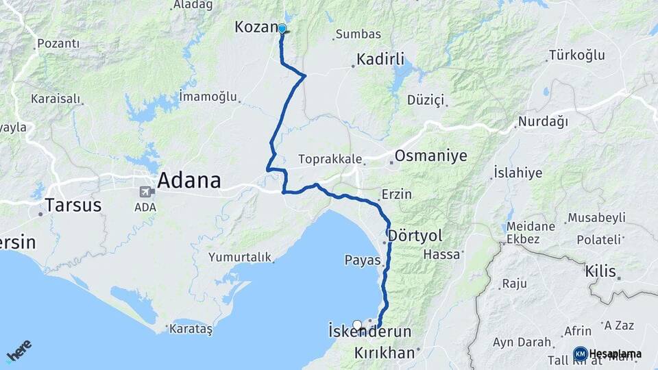 Adana Kozan Arsuz Hatay Arası Kaç Km - Yol Haritası