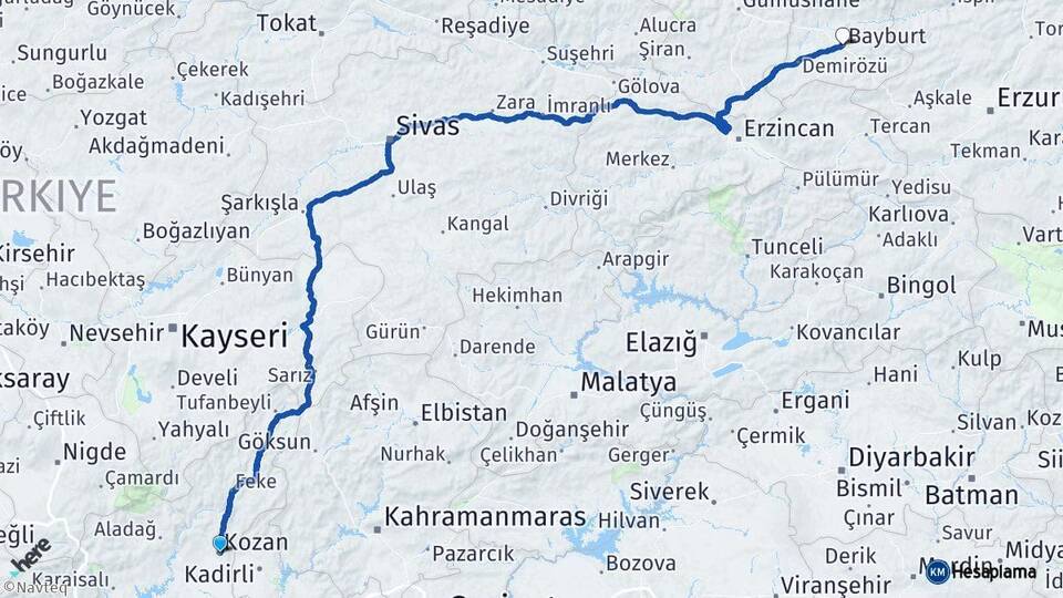 Adana Kozan Bayburt Arası Kaç Km - Yol Haritası