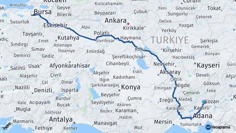Adana Kozan Bursa Arası Kaç Km - Yol Haritası