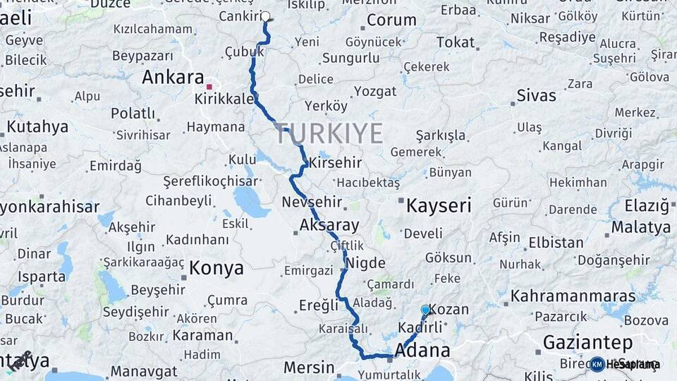 Adana Kozan Çankırı Arası Kaç Km - Yol Haritası