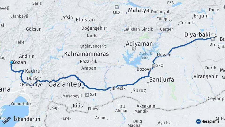 Adana Kozan Diyarbakır Arası Kaç Km - Yol Haritası