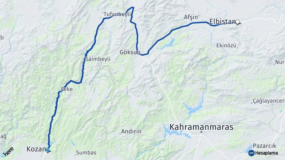 Adana Kozan Elbistan Kahramanmaraş Arası Kaç Km - Yol Haritası