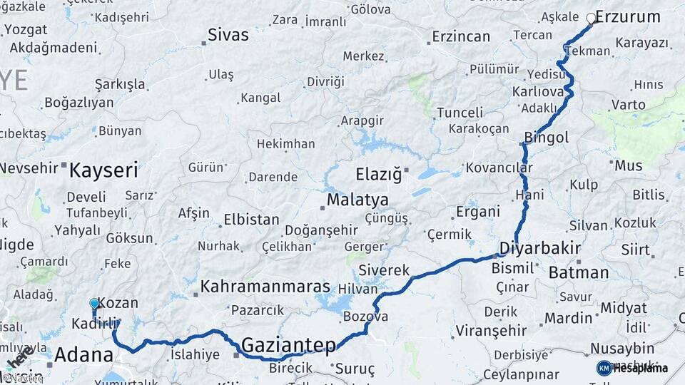 Adana Kozan Erzurum Arası Kaç Km - Yol Haritası