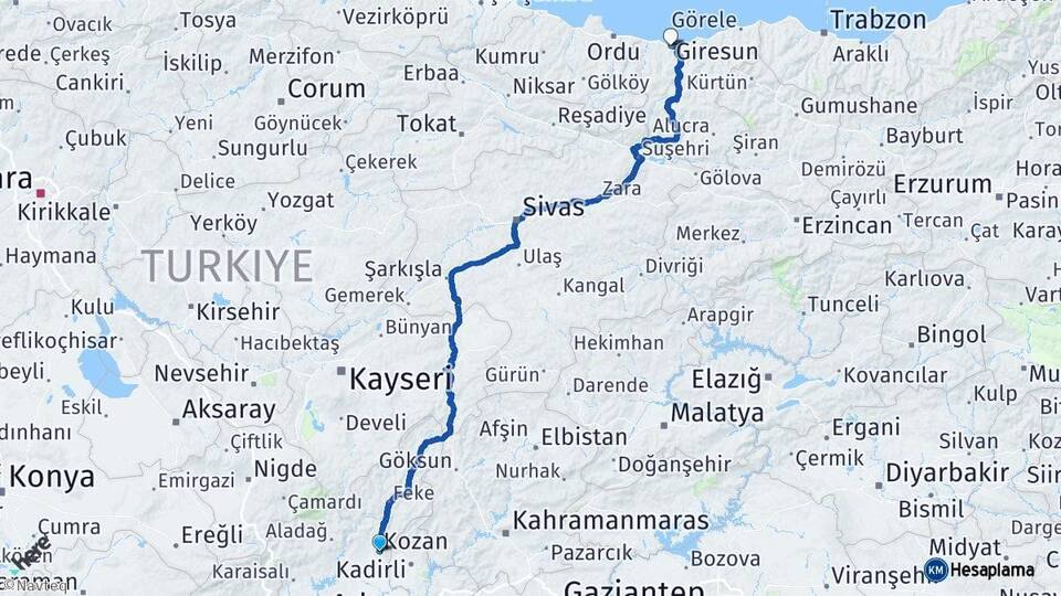 Adana Kozan Giresun Arası Kaç Km - Yol Haritası