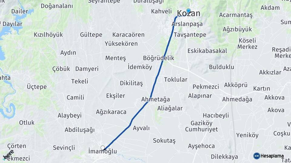 Adana Kozan İmamoğlu Arası Kaç Km - Yol Haritası