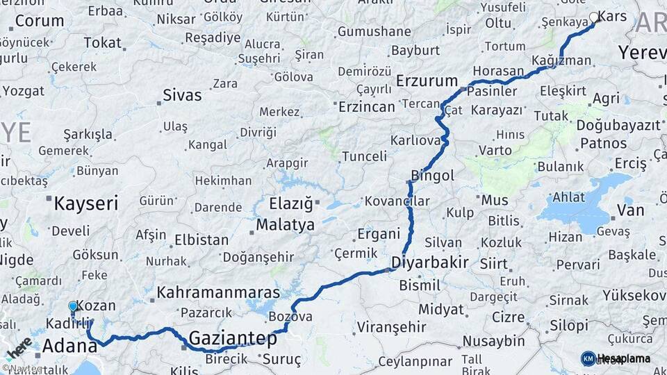 Adana Kozan Kars Arası Kaç Km - Yol Haritası