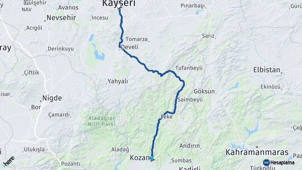 Adana Kozan Kayseri Arası Kaç Km - Yol Haritası