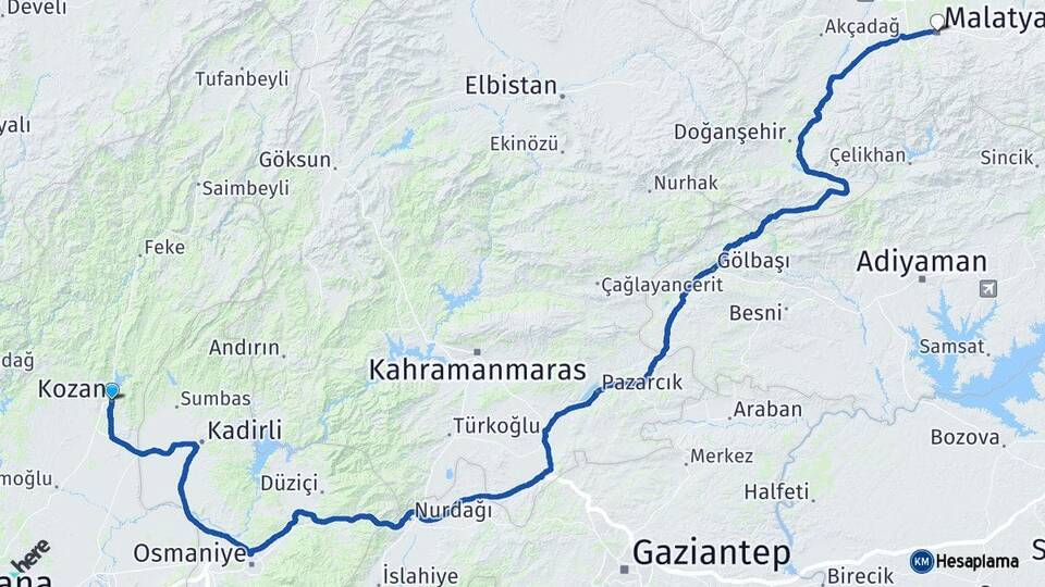 Adana Kozan Malatya Arası Kaç Km - Yol Haritası