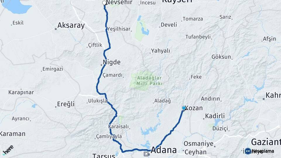 Adana Kozan Nevşehir Arası Kaç Km - Yol Haritası