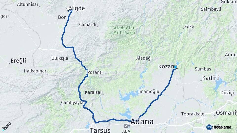 Adana Kozan Niğde Arası Kaç Km - Yol Haritası