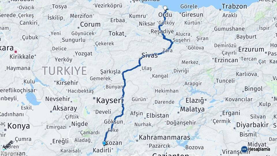 Adana Kozan Ordu Arası Kaç Km - Yol Haritası