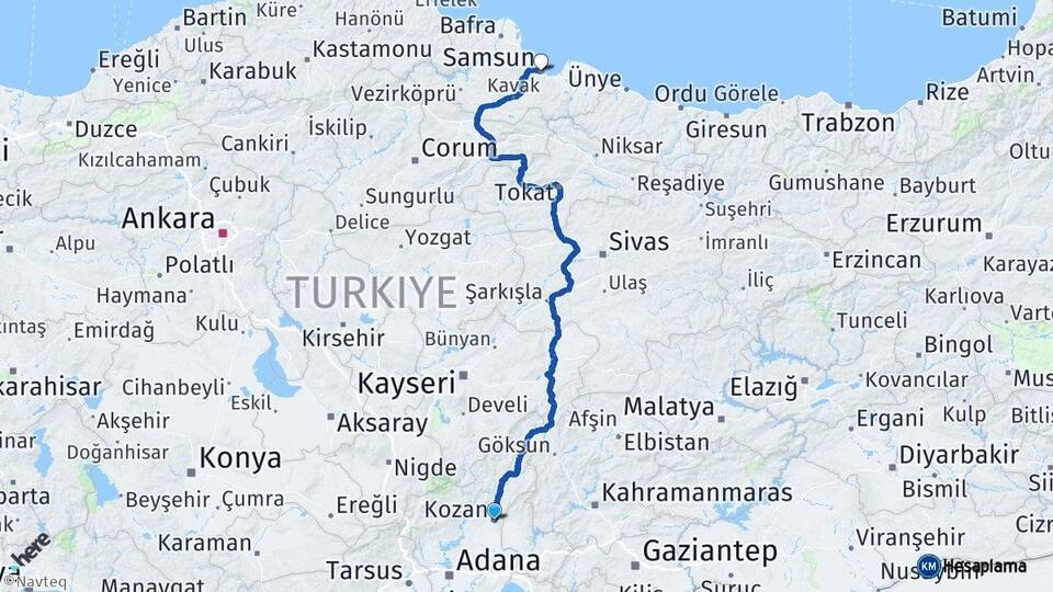 Adana Kozan Samsun Arası Kaç Km - Yol Haritası