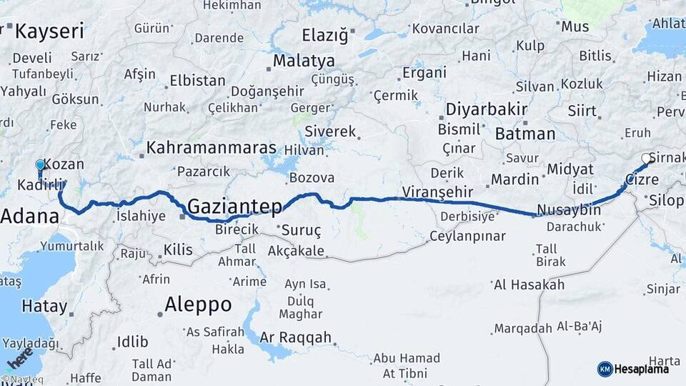 Adana Kozan Şırnak Arası Kaç Km - Yol Haritası