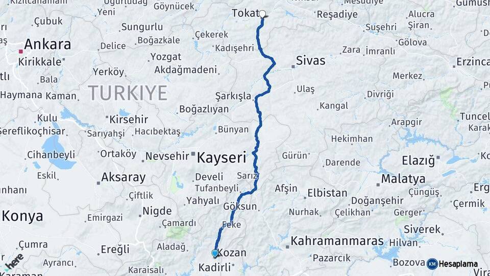 Adana Kozan Tokat Arası Kaç Km - Yol Haritası
