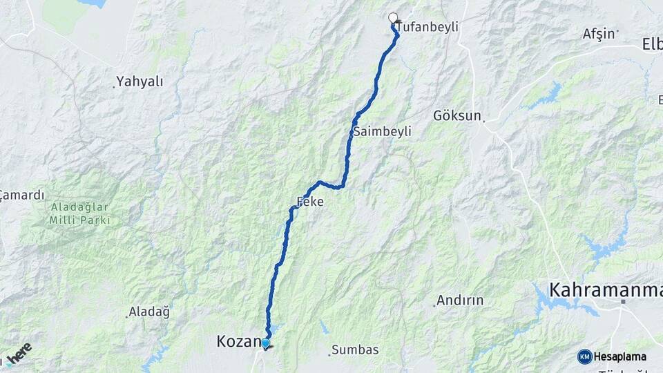Adana Kozan Tufanbeyli Arası Kaç Km - Yol Haritası