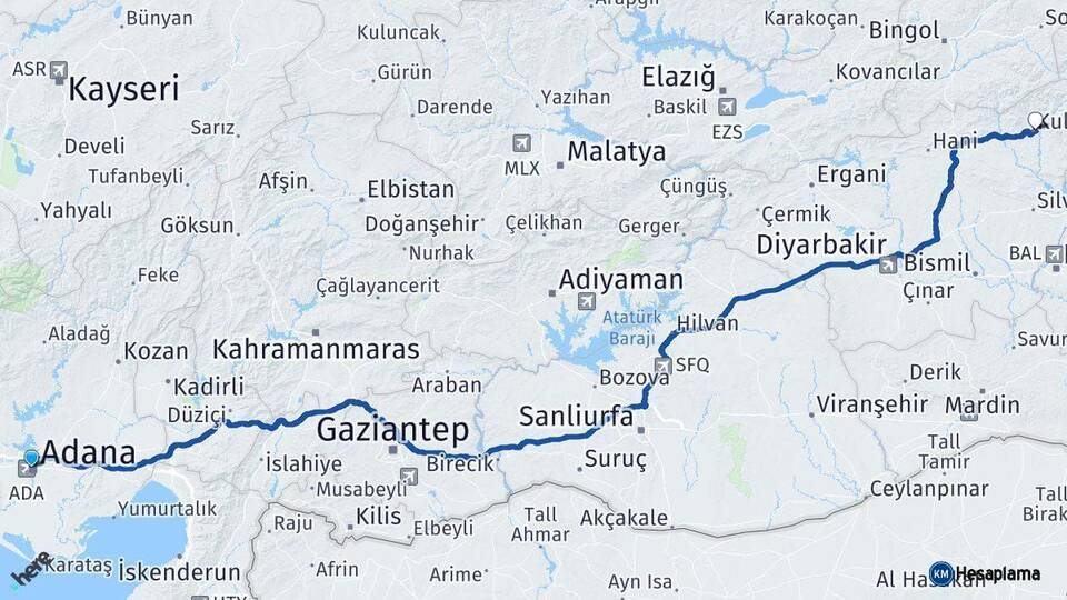 Adana Kulp Diyarbakır Arası Kaç Km - Yol Haritası