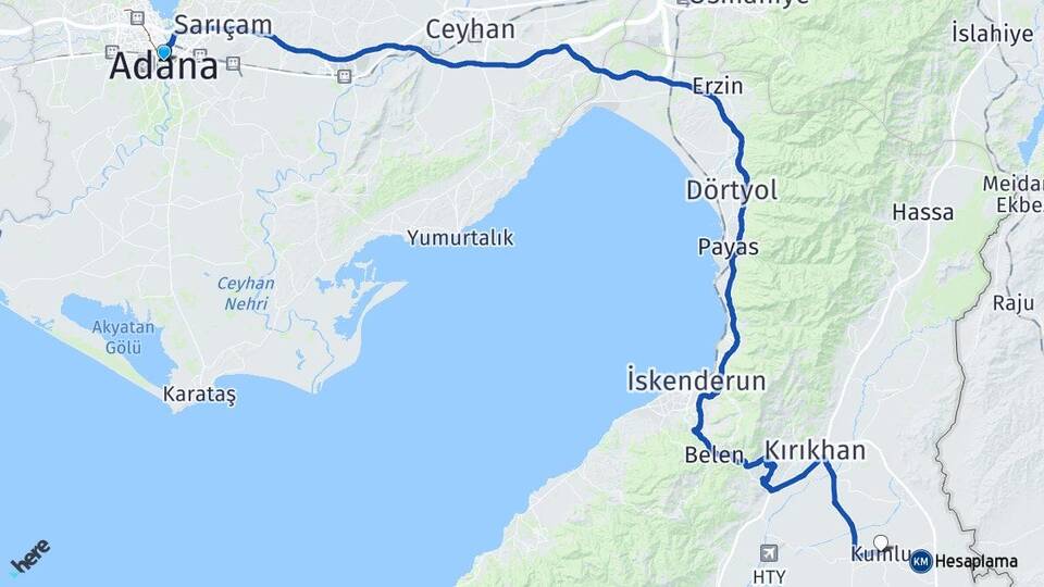 Adana Kumlu Hatay Arası Kaç Km - Yol Haritası