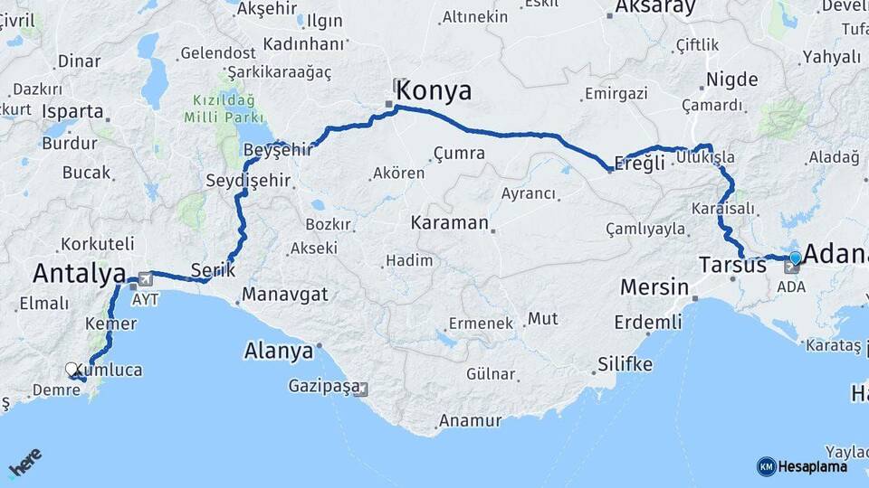 Adana Kumluca Antalya Arası Kaç Km - Yol Haritası