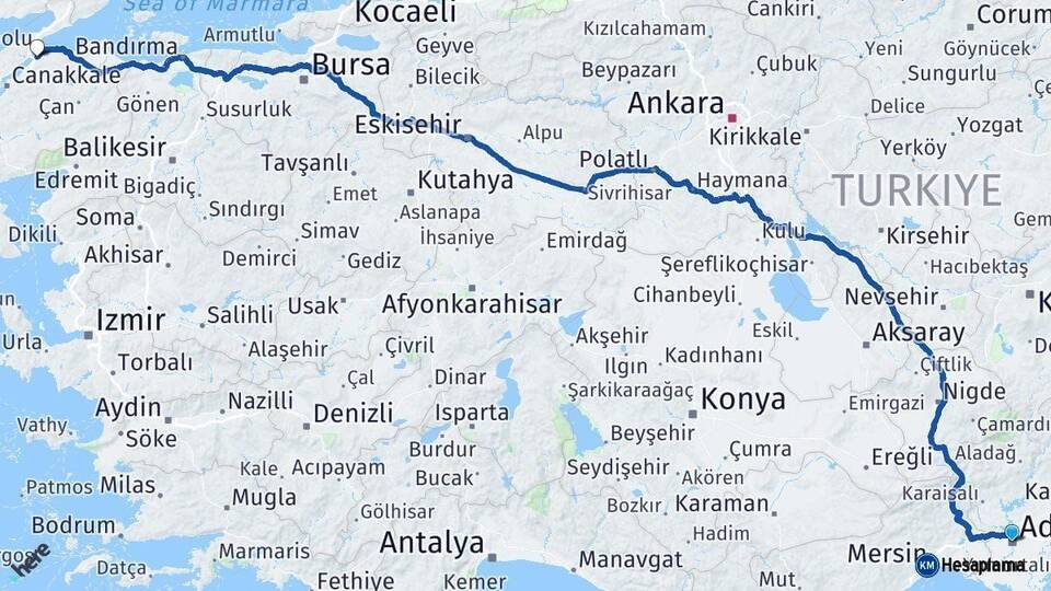Adana Lapseki Çanakkale Arası Kaç Km - Yol Haritası