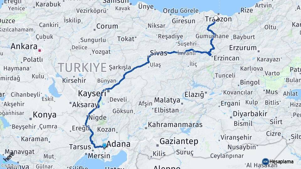 Adana Maçka Trabzon Arası Kaç Km - Yol Haritası