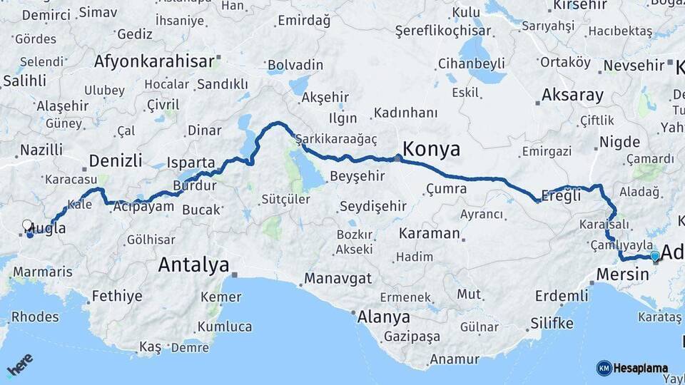 Adana Menteşe Muğla Arası Kaç Km - Yol Haritası