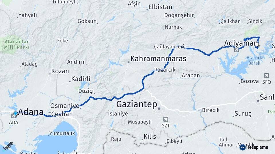 Adana Menzil Kahta Adıyaman Arası Kaç Km - Yol Haritası