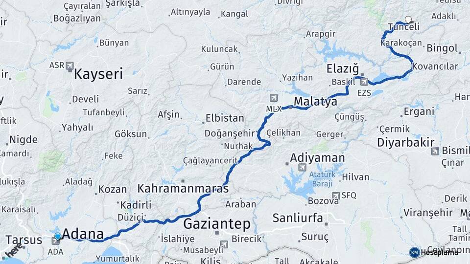 Adana Nazımiye Tunceli Arası Kaç Km - Yol Haritası