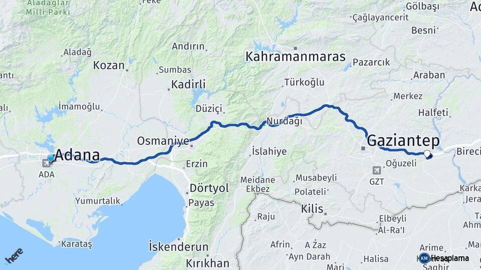 Adana Nizip Gaziantep Arası Kaç Km - Yol Haritası
