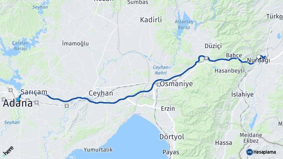 Adana Nurdağı Gaziantep Arası Kaç Km - Yol Haritası