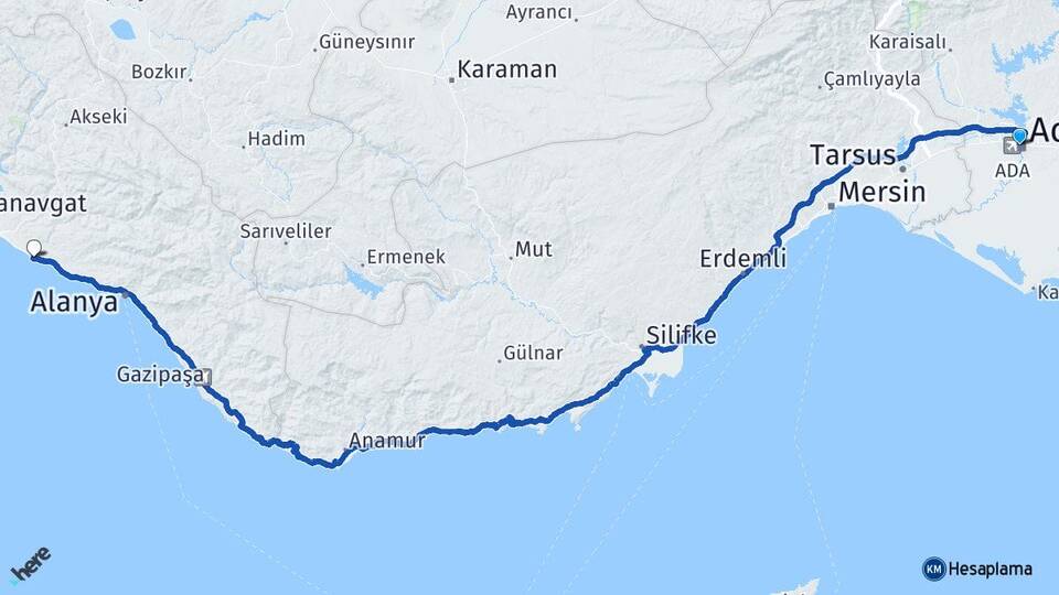 Adana Okurcalar Alanya Antalya Arası Kaç Km - Yol Haritası