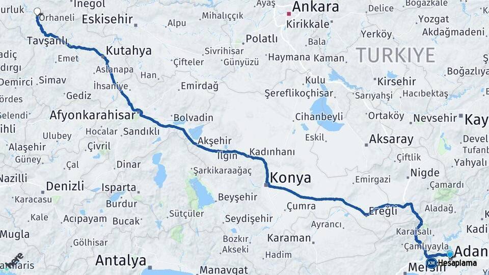 Adana Orhaneli Bursa Arası Kaç Km - Yol Haritası
