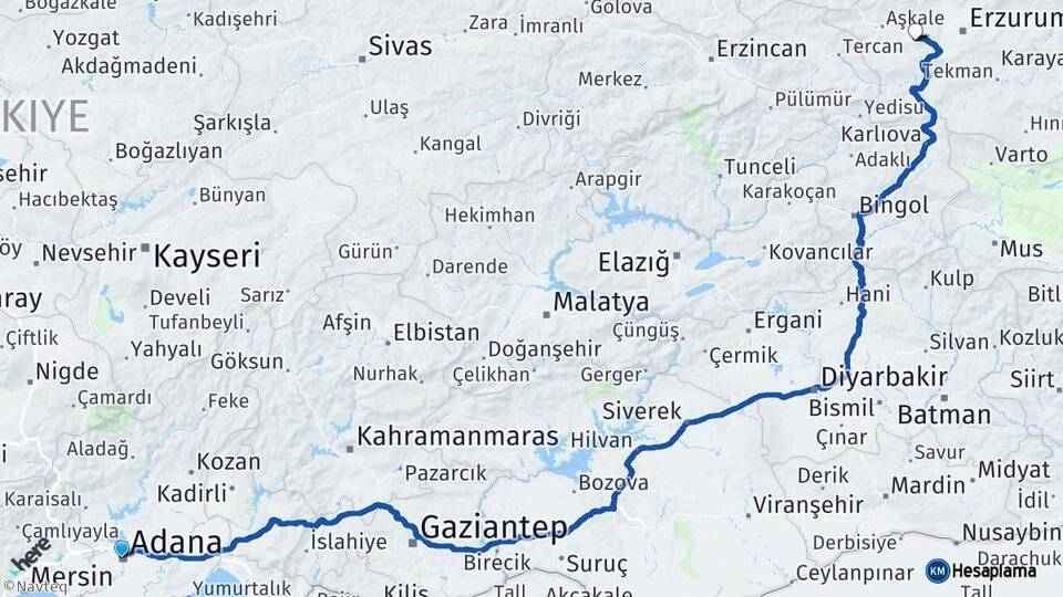 Adana Palandöken Erzurum Arası Kaç Km - Yol Haritası