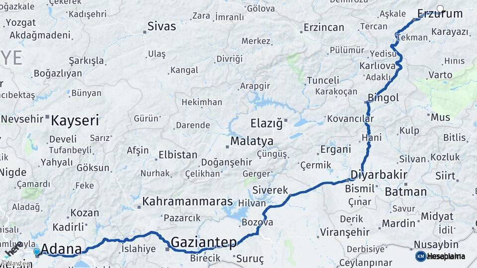 Adana Pasinler Erzurum Arası Kaç Km - Yol Haritası