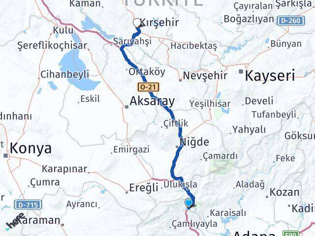 Adana Pozantı Akçatekir Kırşehir Arası Kaç Km - Yol Haritası