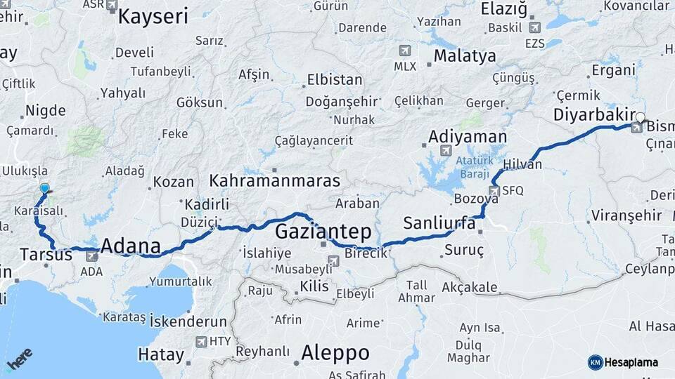 Adana Pozantı Diyarbakır Arası Kaç Km - Yol Haritası