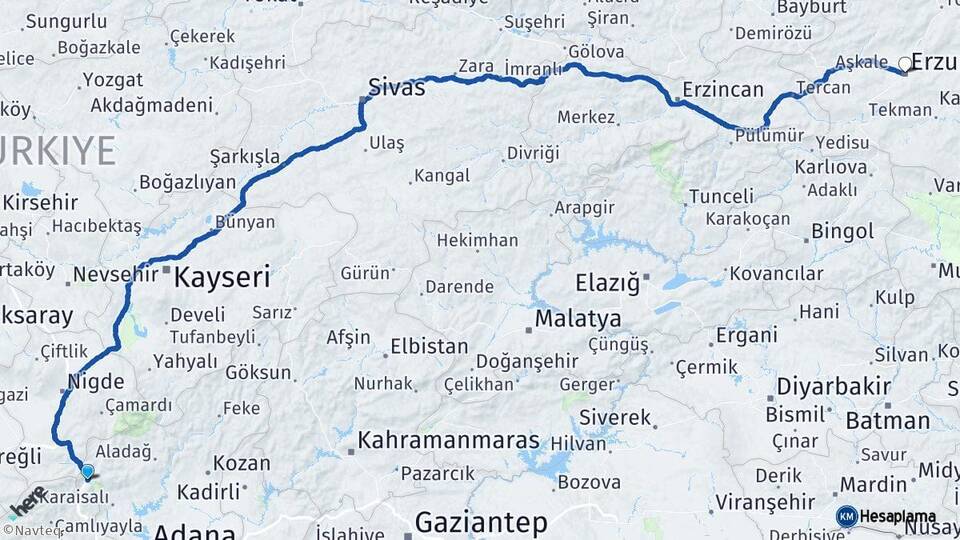 Adana Pozantı Erzurum Arası Kaç Km - Yol Haritası